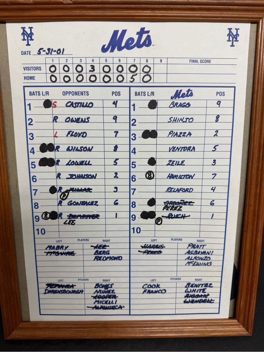 Official Line Up Card New York Mets vs. Florida Marlins May 31, 2001 PIAZZA HR